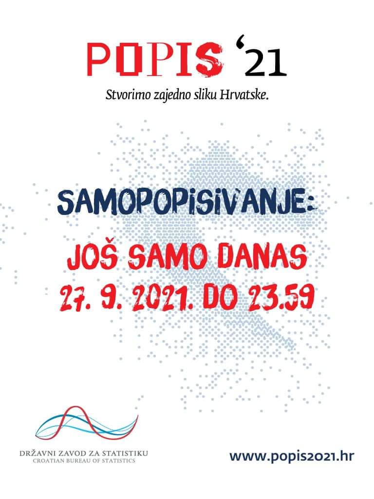 Produžen je rok do danas u ponoć za samopopisivanje stanovništva. Pozivamo sugrađane da se prijave u sustav e-Građani i ispune e-upitnik.