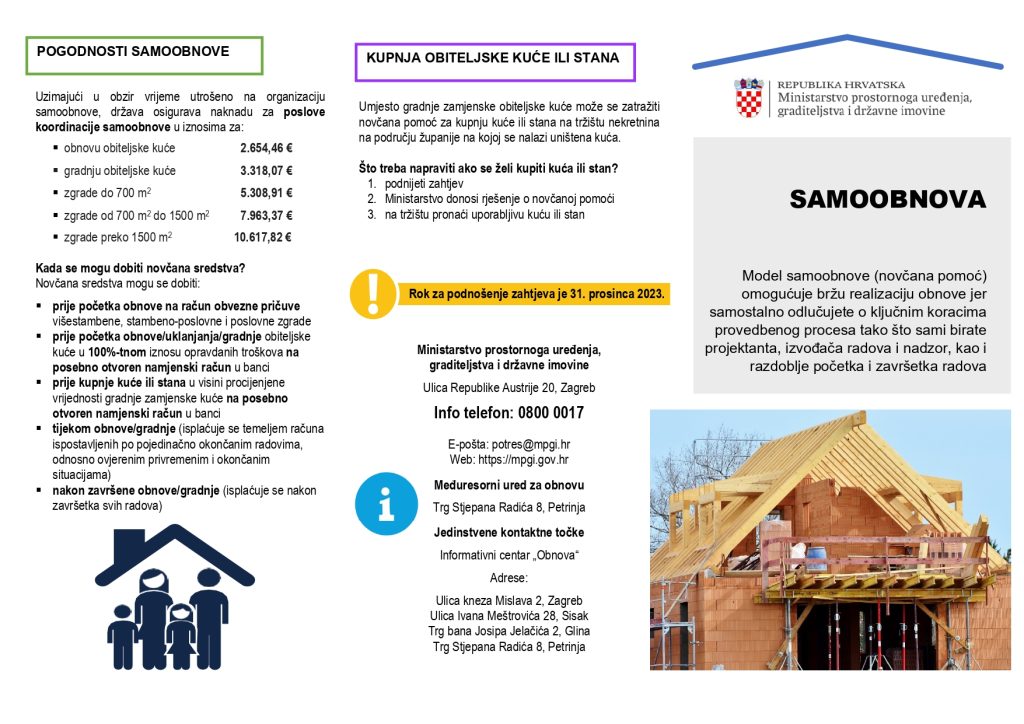 Ministarstvo prostornog uređenja, graditeljstva i državne imovine organizira javnu tribinu za građane na temu samoobnove koja će se održati u srijedu, 1. ožujka 2023. godine s početkom u 18 sati u velikoj sali hotela Panonija.